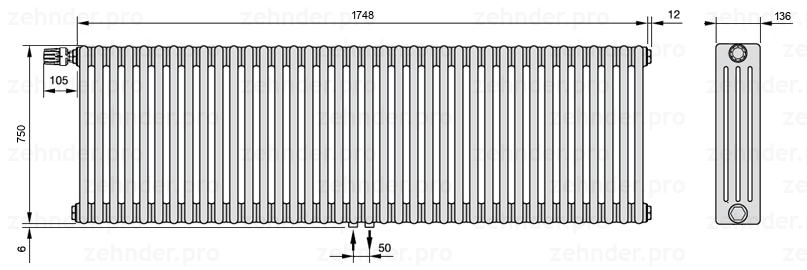 Схема (чертеж) Радиатор Zehnder Charleston 4075/38 №V007 Белый глянцевый RAL 9016